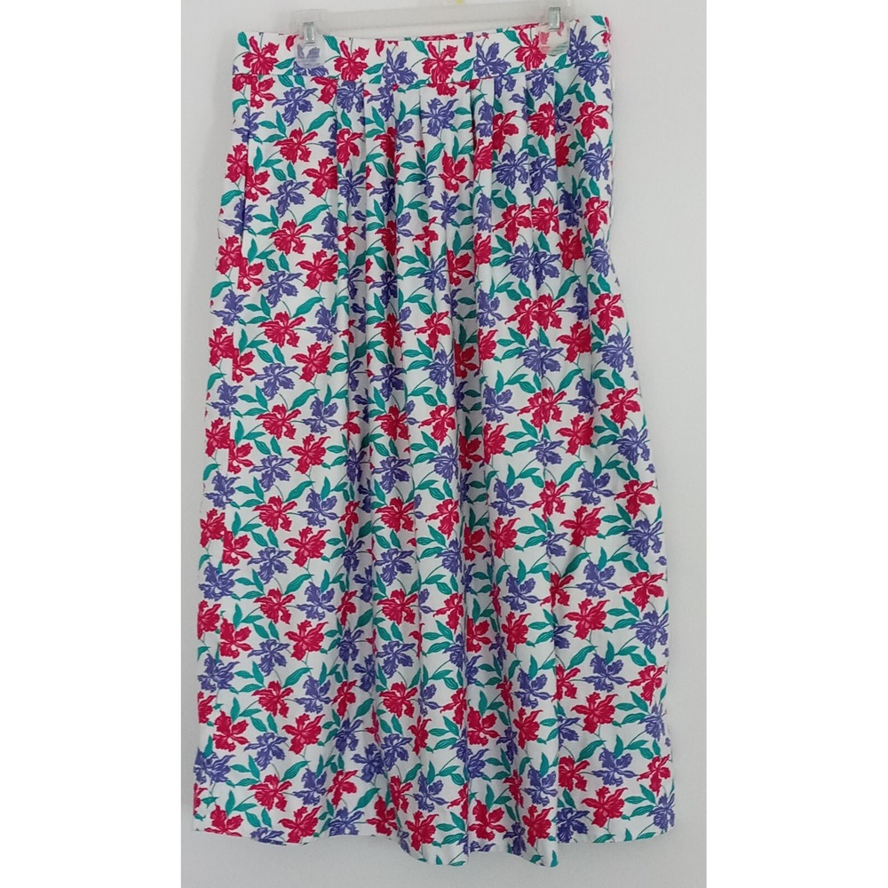 David Brooks Midi Skirt Women's Size 16 VTG White Pink & Purple Floral Pocket